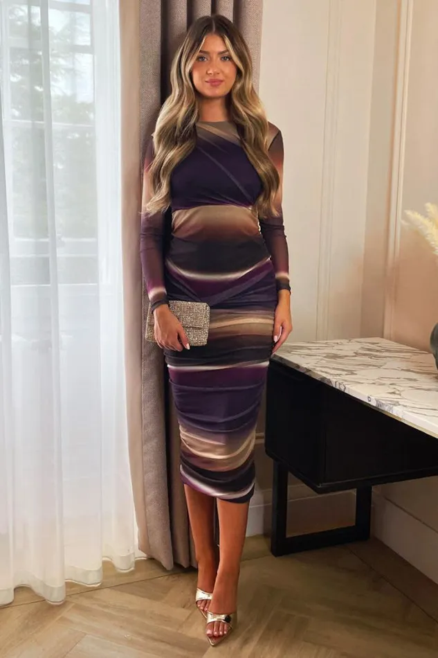 AX Paris Dresses Plum Abstract Print Mesh Long Sleeve Bodycon Midi Dress