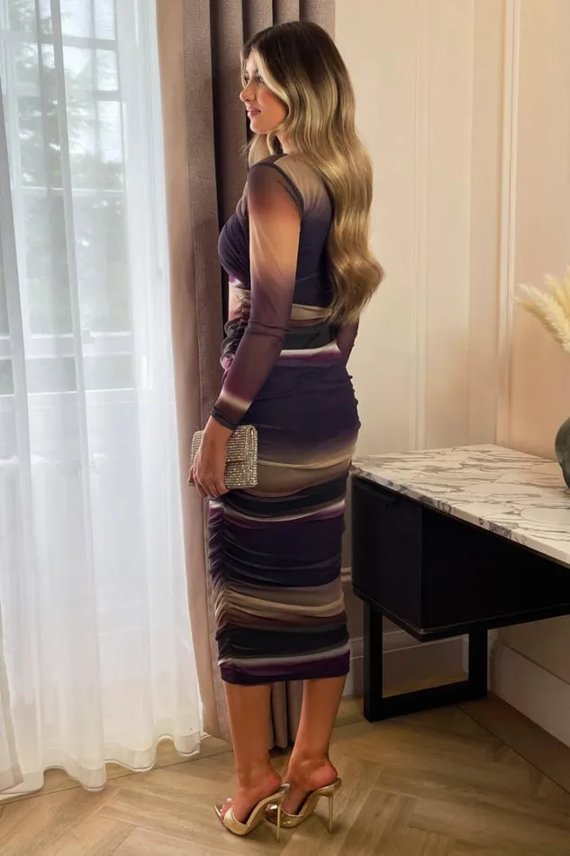 AX Paris Dresses Plum Abstract Print Mesh Long Sleeve Bodycon Midi Dress