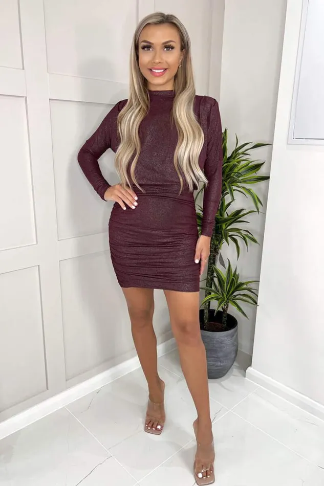 AX Paris Dresses Plum Long Sleeve Ruched High Neck Shimmer Bodycon Mini Dress