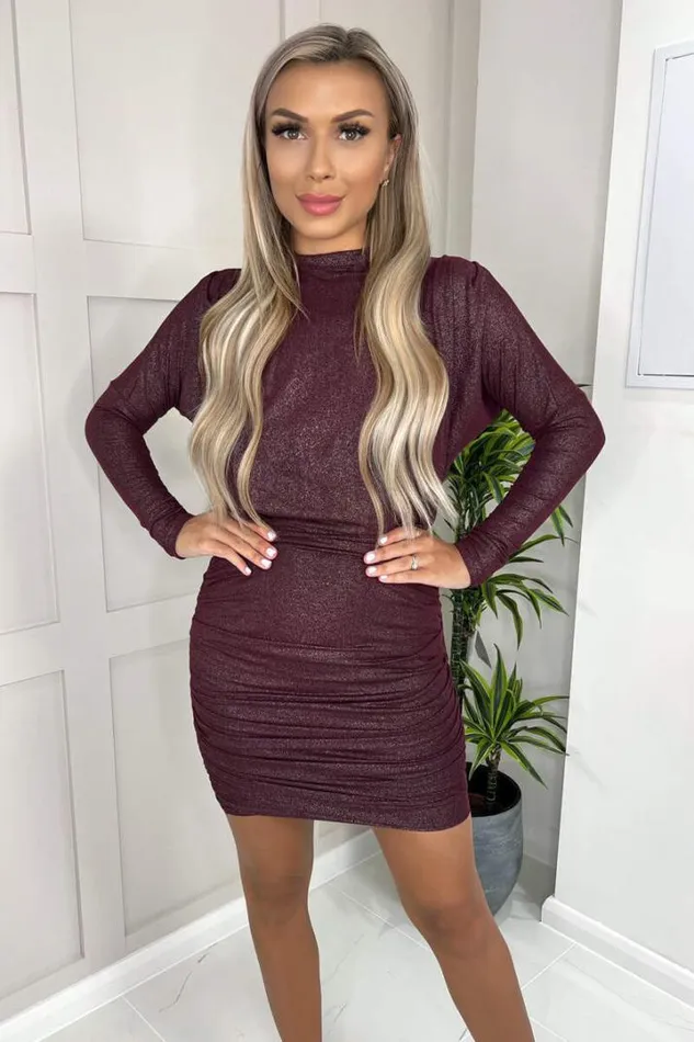 AX Paris Dresses Plum Long Sleeve Ruched High Neck Shimmer Bodycon Mini Dress