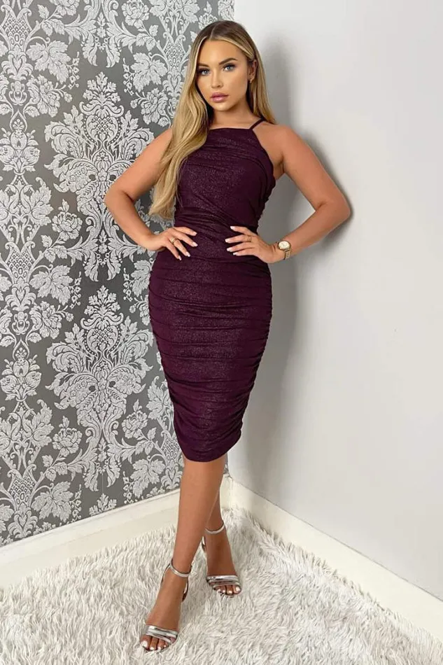 AX Paris Dresses Plum Ruched Bodycon Shimmer Midi Dress