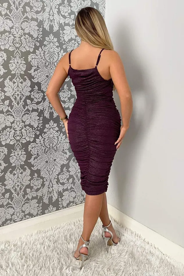 AX Paris Dresses Plum Ruched Bodycon Shimmer Midi Dress