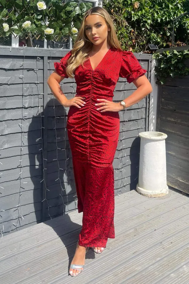 AX Paris Dresses Red And Black Printed Short Sleeve Ruched Front Midi Dress