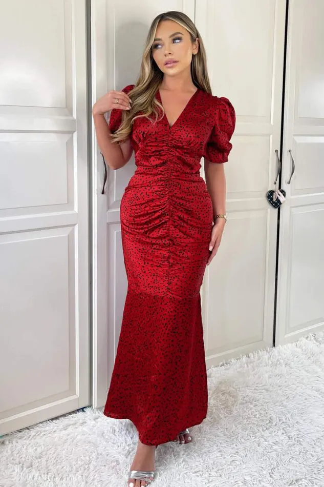 AX Paris Dresses Red And Black Printed Short Sleeve Ruched Front Midi Dress