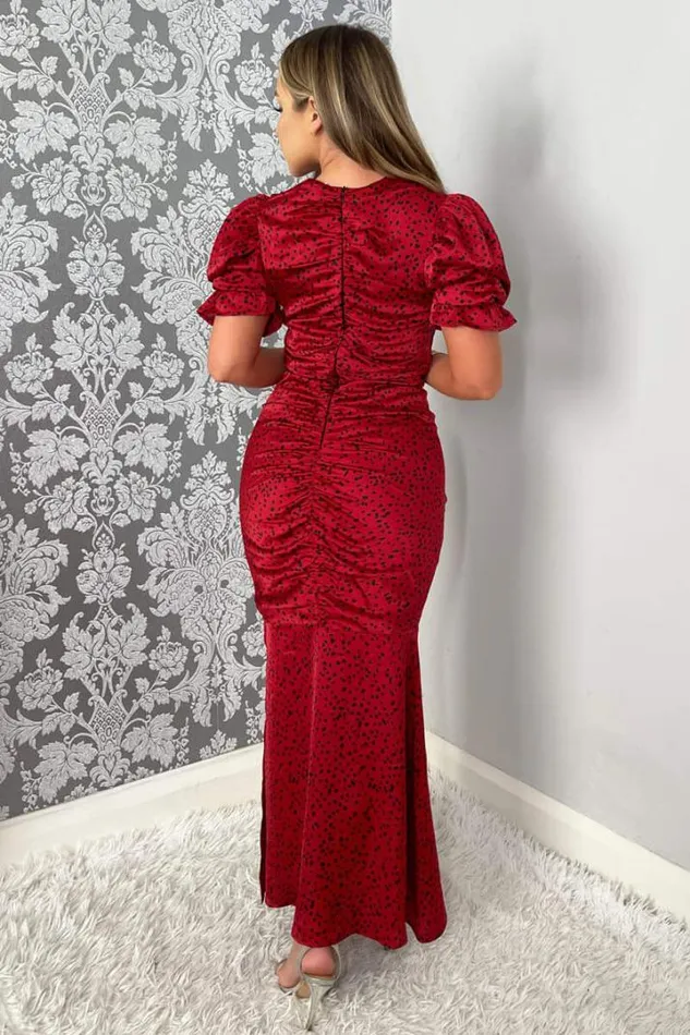 AX Paris Dresses Red And Black Printed Short Sleeve Ruched Front Midi Dress