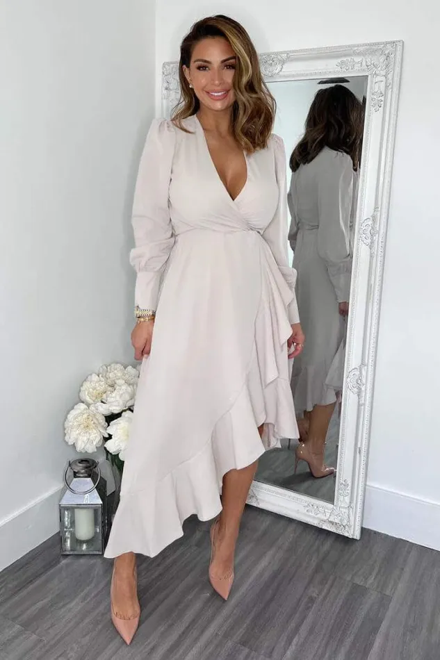 AX Paris Dresses Stone Long Sleeve Frill Wrap Midi Dress