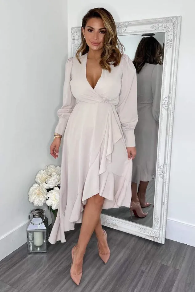 AX Paris Dresses Stone Long Sleeve Frill Wrap Midi Dress