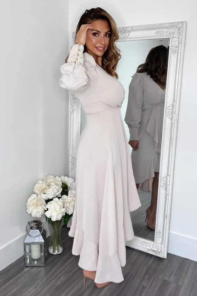 AX Paris Dresses Stone Long Sleeve Frill Wrap Midi Dress