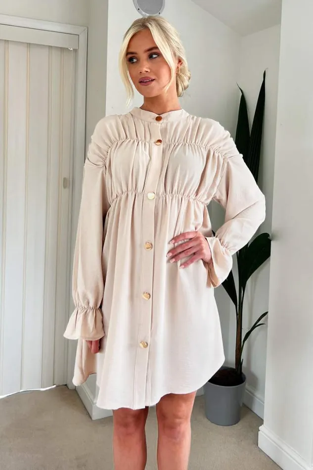 AX Paris Dresses Stone Long Sleeve Gathered Detail Button Front Dress