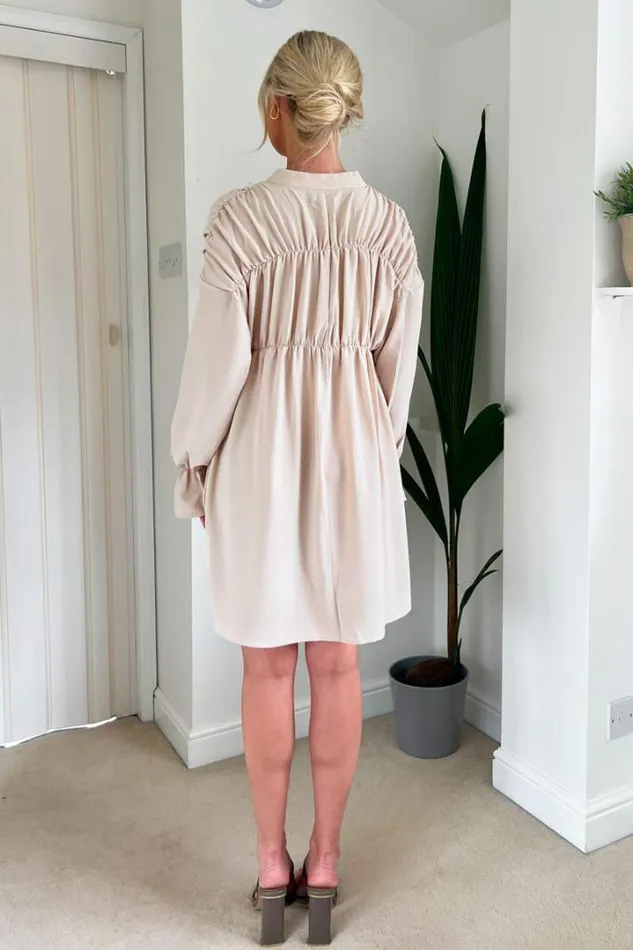 AX Paris Dresses Stone Long Sleeve Gathered Detail Button Front Dress