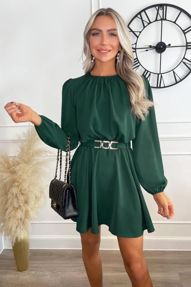 AX Paris Dresses Teal Long Sleeve Belted Skater Dress