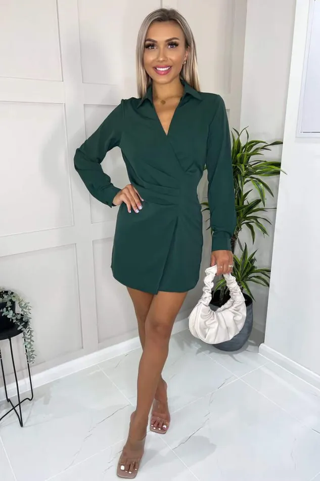 AX Paris Dresses Teal Pleated Gathered Long Sleeve Mini Dress