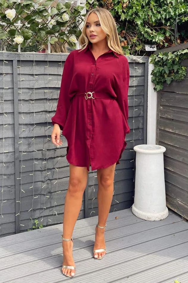 AX Paris Dresses Wine Belted Long Sleeve Shirt Dress