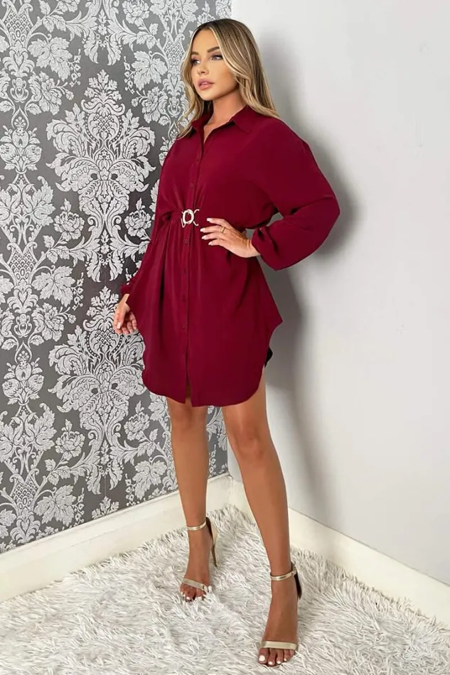 AX Paris Dresses Wine Belted Long Sleeve Shirt Dress