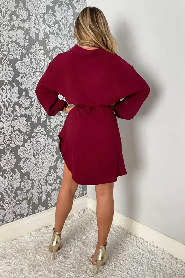 AX Paris Dresses Wine Belted Long Sleeve Shirt Dress