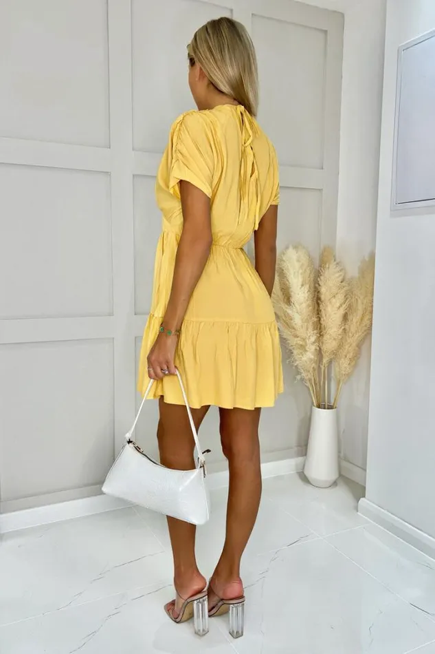 AX Paris Dresses Yellow Short Sleeve Tie Back V Neck Mini Dress
