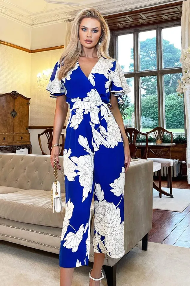 AX Paris Jumpsuits And Playsuits Blue And Cream Floral Printed Butterfly Sleeve Belted Jumpsuit AX Paris Jumpsuits And Playsuits Blue And Cream Floral Printed Butterfly Sleeve Belted Jumpsuit