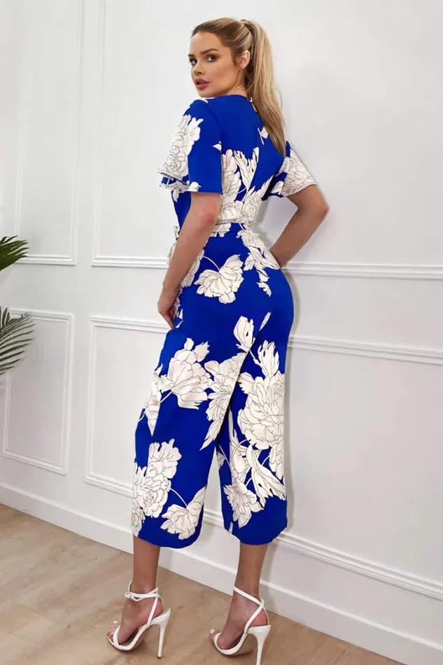 AX Paris Jumpsuits And Playsuits Blue And Cream Floral Printed Butterfly Sleeve Belted Jumpsuit