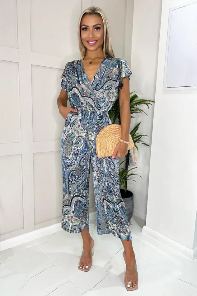 AX Paris Jumpsuits And Playsuits Blue Paisley Printed Wrap Front Short Sleeve Jumpsuit AX Paris Jumpsuits And Playsuits Blue Paisley Printed Wrap Front Short Sleeve Jumpsuit