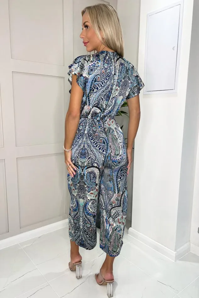 AX Paris Jumpsuits And Playsuits Blue Paisley Printed Wrap Front Short Sleeve Jumpsuit