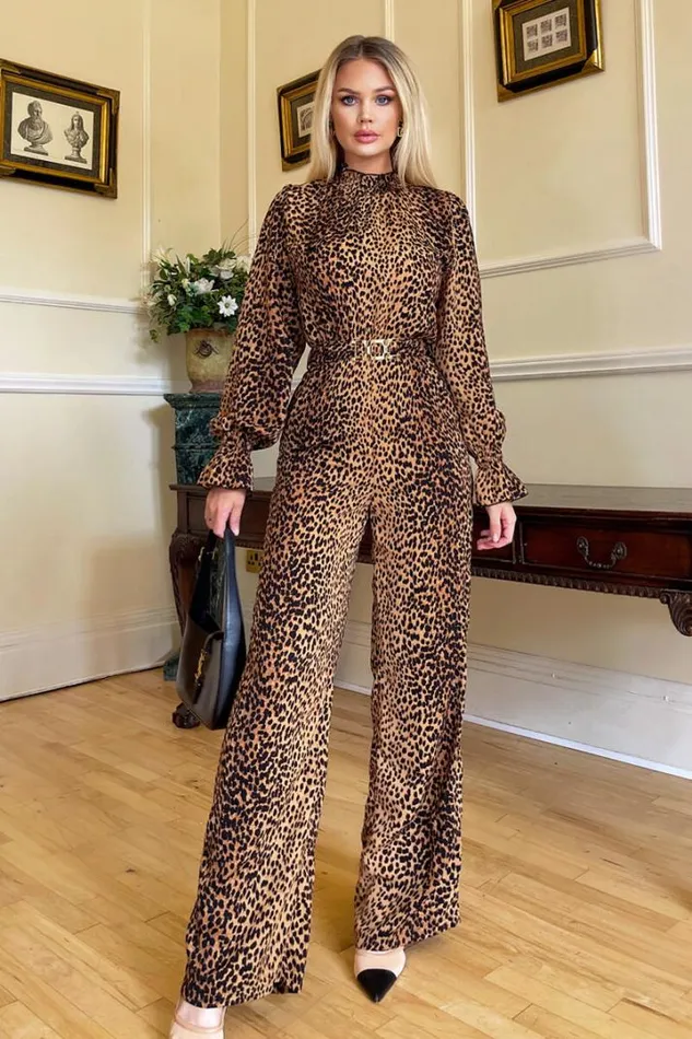 AX Paris Jumpsuits And Playsuits Camel Animal Belted Frill Cuff Sleeve Jumpsuit