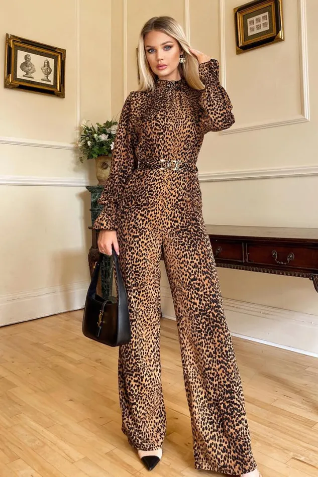 AX Paris Jumpsuits And Playsuits Camel Animal Belted Frill Cuff Sleeve Jumpsuit