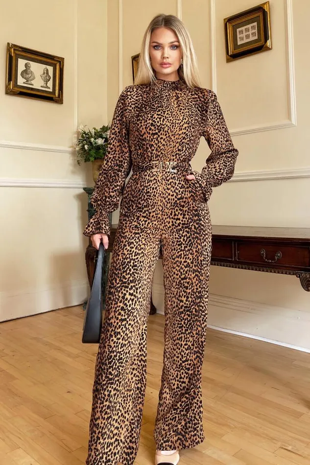 AX Paris Jumpsuits And Playsuits Camel Animal Belted Frill Cuff Sleeve Jumpsuit