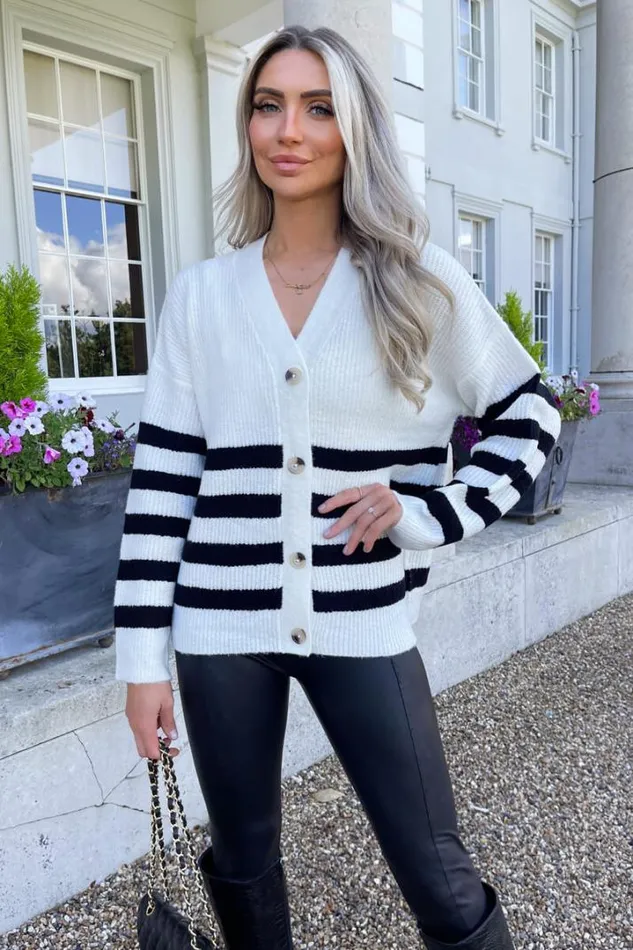 AX Paris Knitwear Cream And Black Stripe Knit Button Front Cardigan