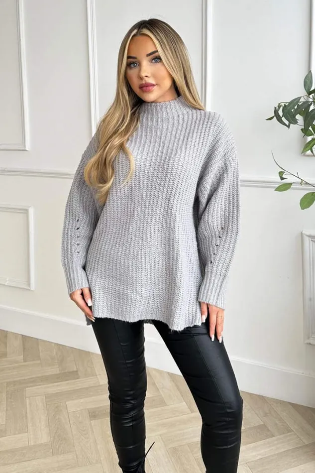 AX Paris Knitwear Grey Mock Neck Oversized Knit Jumper