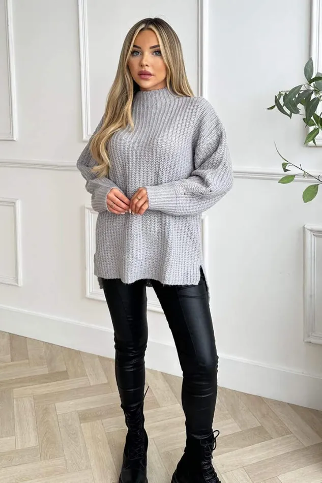 AX Paris Knitwear Grey Mock Neck Oversized Knit Jumper