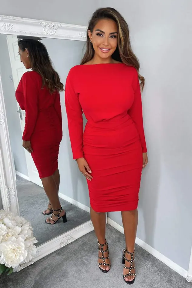 AX Paris Midi Dresses Red Wide Neck Ruched Bodycon Dress