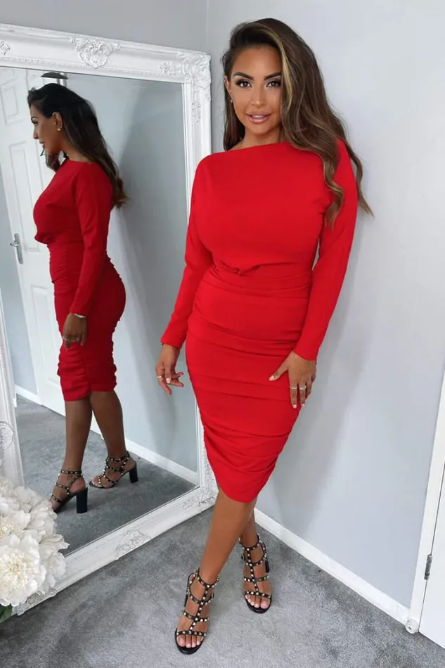 AX Paris Midi Dresses Red Wide Neck Ruched Bodycon Dress