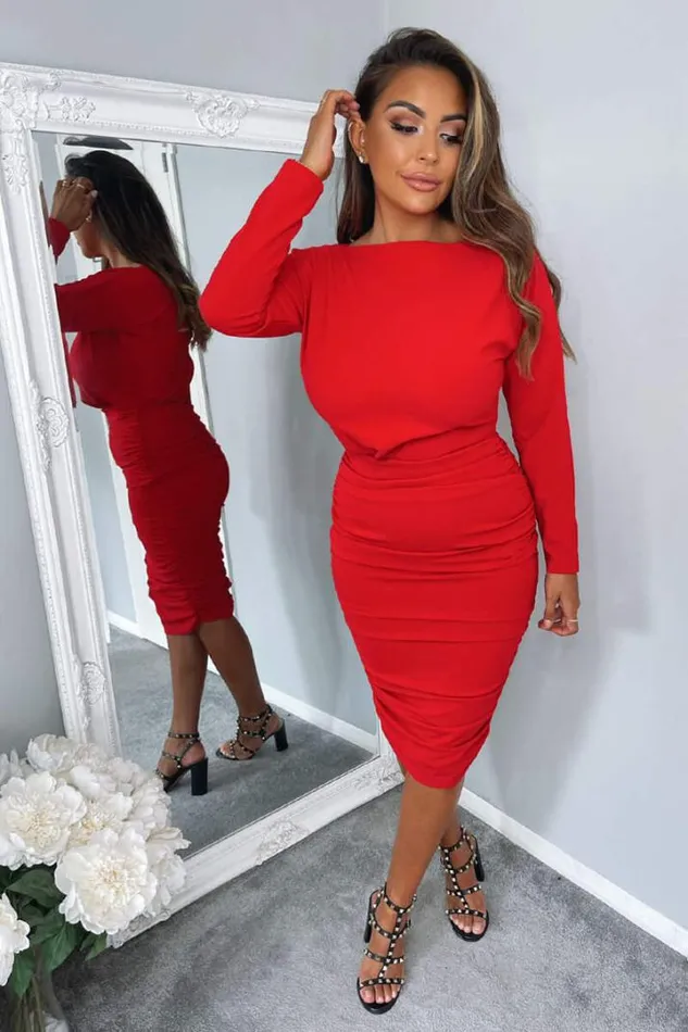 AX Paris Midi Dresses Red Wide Neck Ruched Bodycon Dress