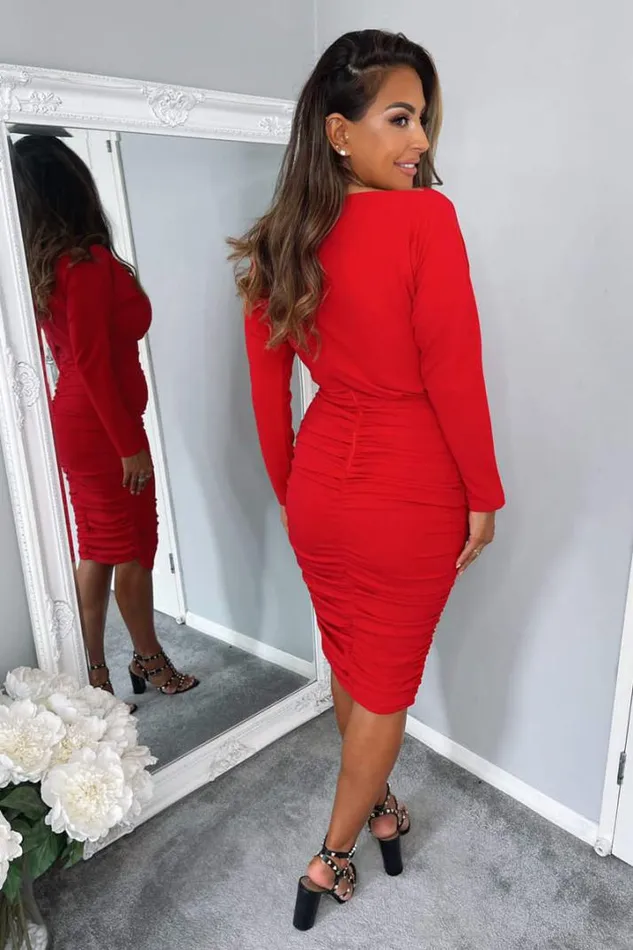 AX Paris Midi Dresses Red Wide Neck Ruched Bodycon Dress