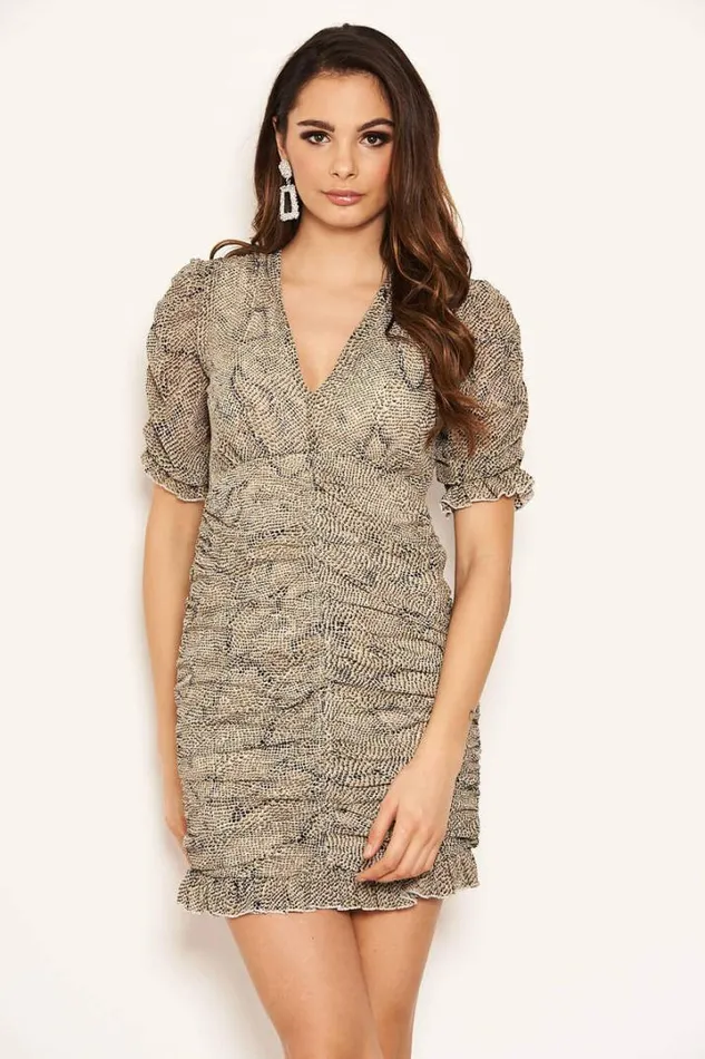 AX Paris Party Dresses Cream Printed Ruched Front Dress