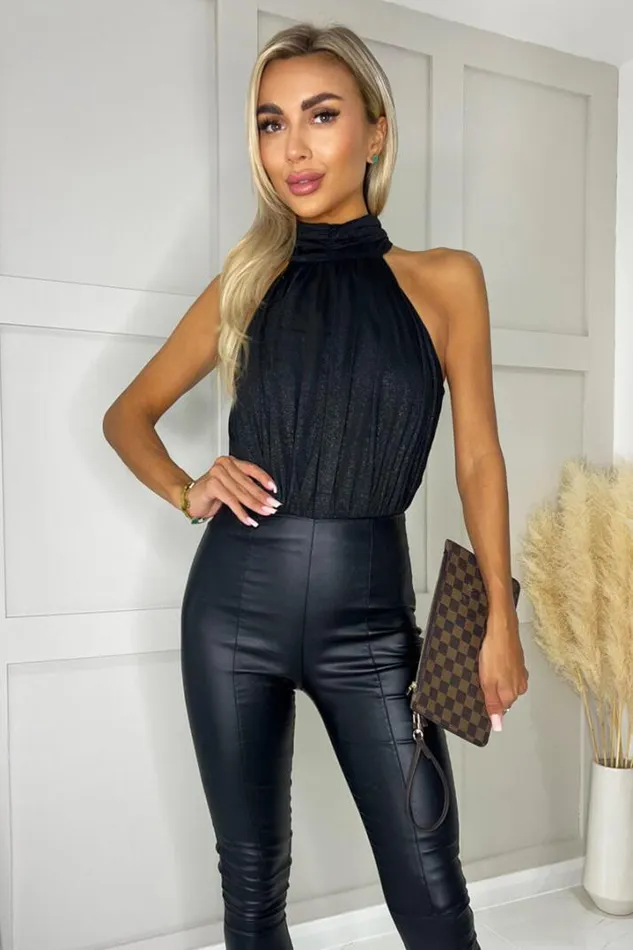 AX Paris Tops Black Shimmer Halterneck Bodysuit