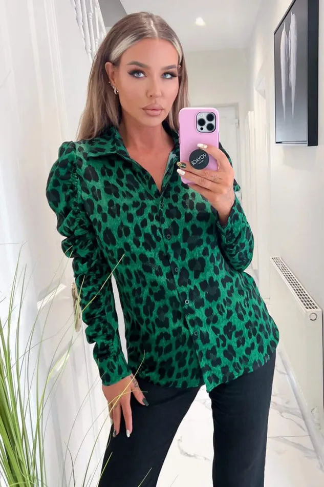 AX Paris Tops Green And Black Animal Print Ruched Sleeve Shirt
