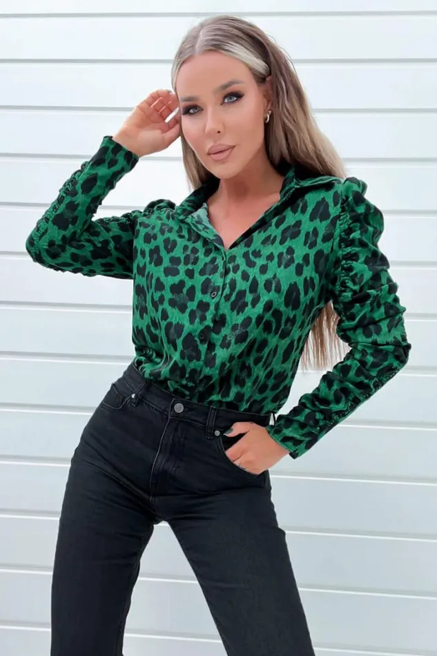 AX Paris Tops Green And Black Animal Print Ruched Sleeve Shirt