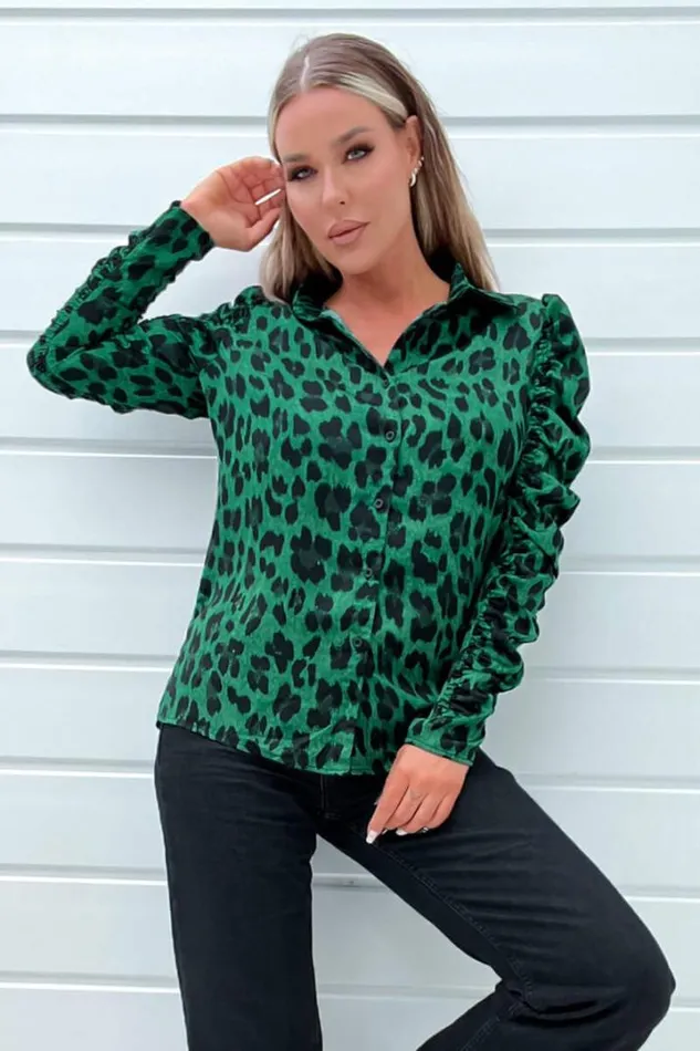 AX Paris Tops Green And Black Animal Print Ruched Sleeve Shirt