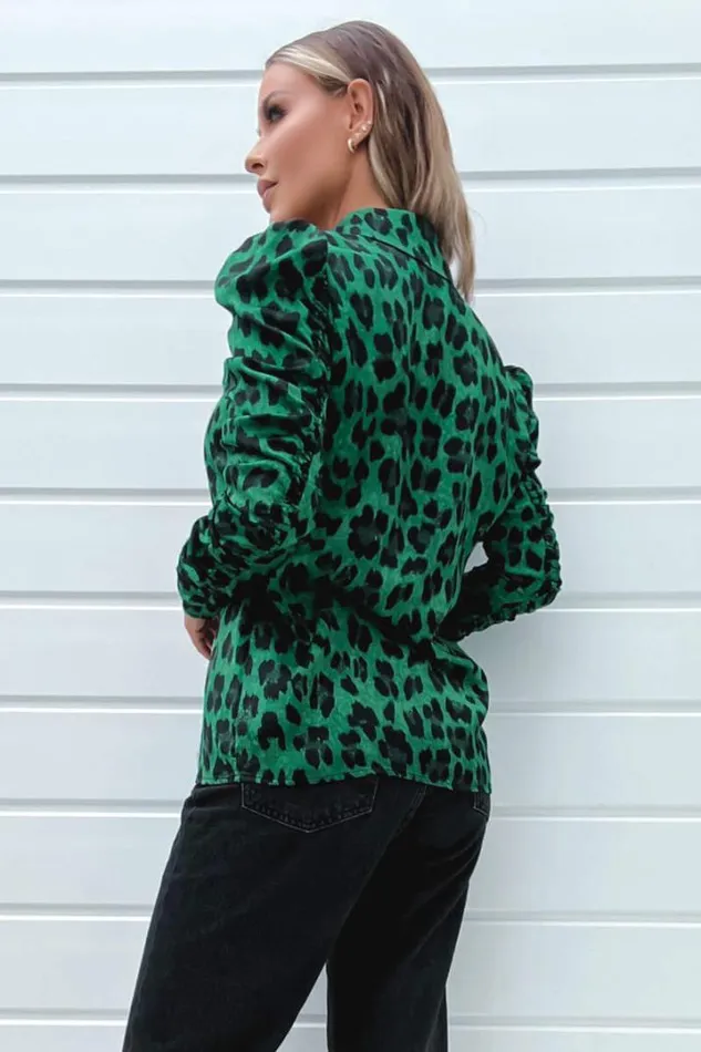 AX Paris Tops Green And Black Animal Print Ruched Sleeve Shirt