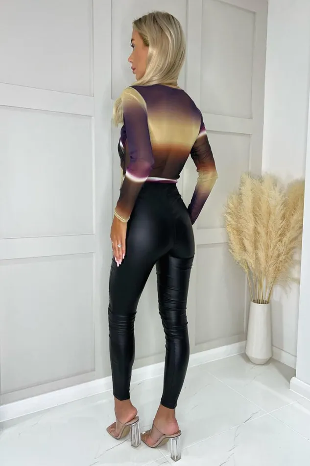 AX Paris Tops Plum Abstract Print Mesh Long Sleeve Bodysuit