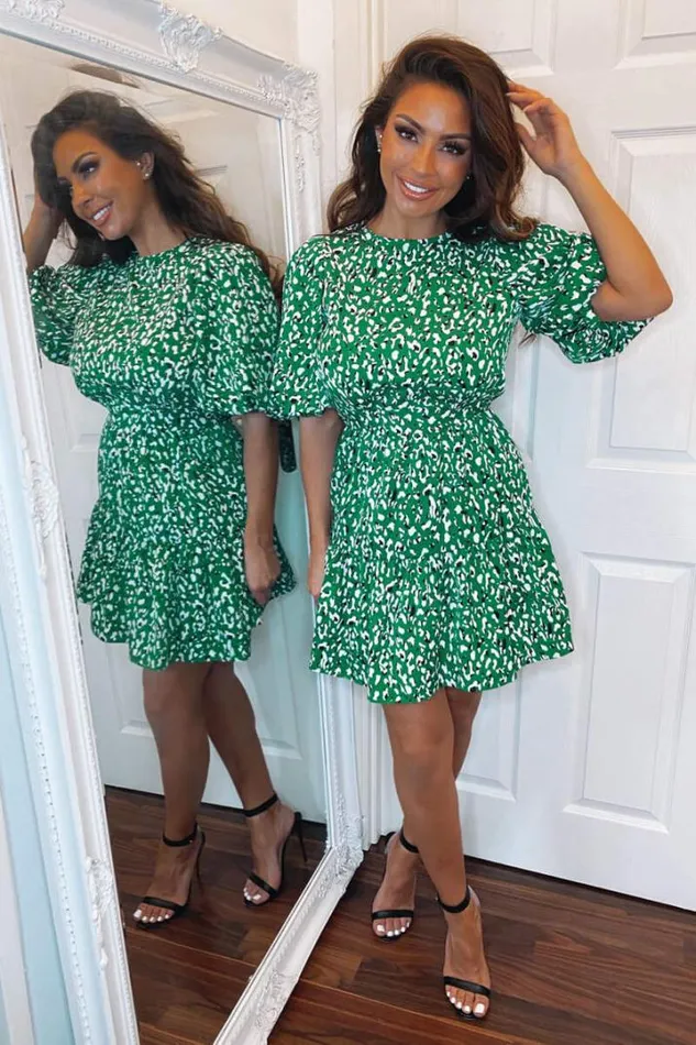 AX Paris Wedding Guest Dresses Green Abstract Print Puff Sleeve Dress