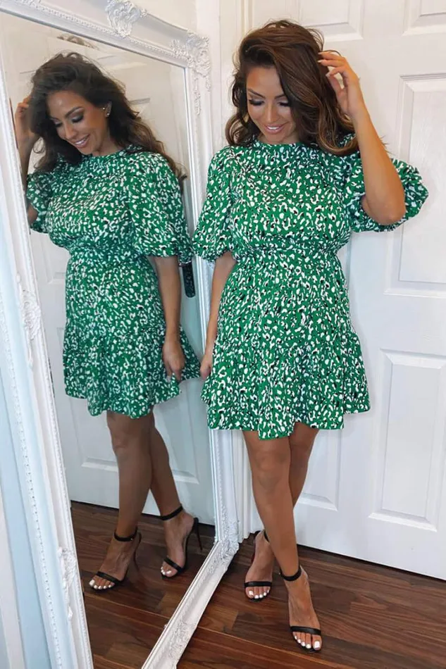 AX Paris Wedding Guest Dresses Green Abstract Print Puff Sleeve Dress