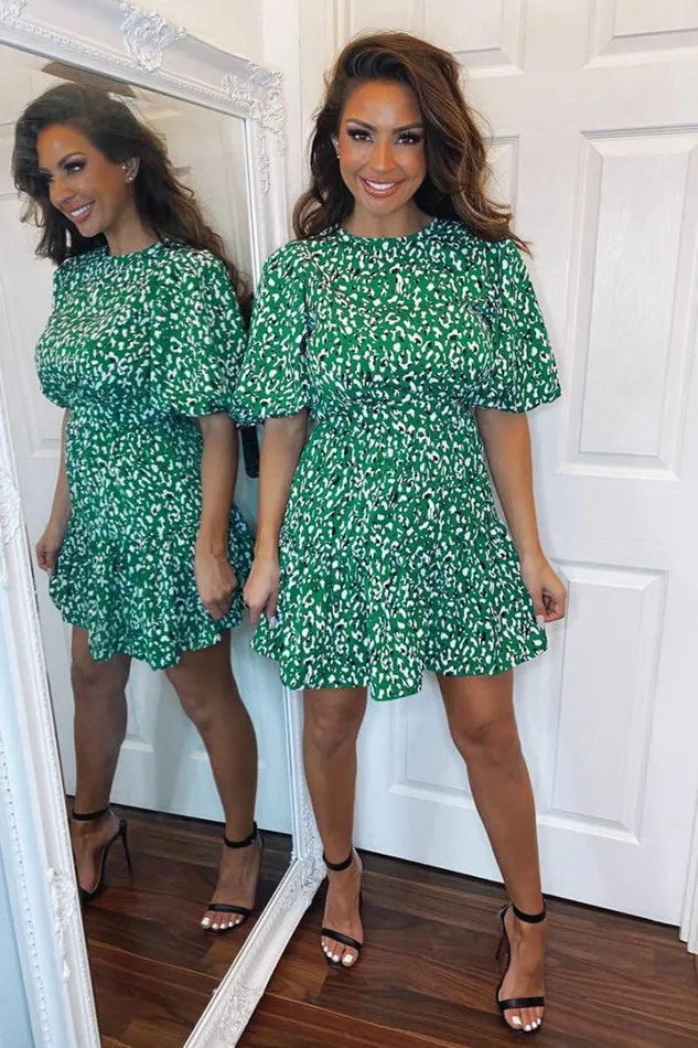 AX Paris Wedding Guest Dresses Green Abstract Print Puff Sleeve Dress