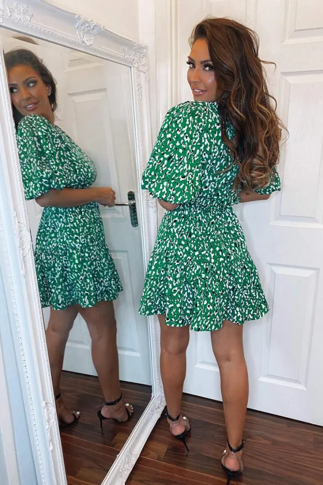 AX Paris Wedding Guest Dresses Green Abstract Print Puff Sleeve Dress
