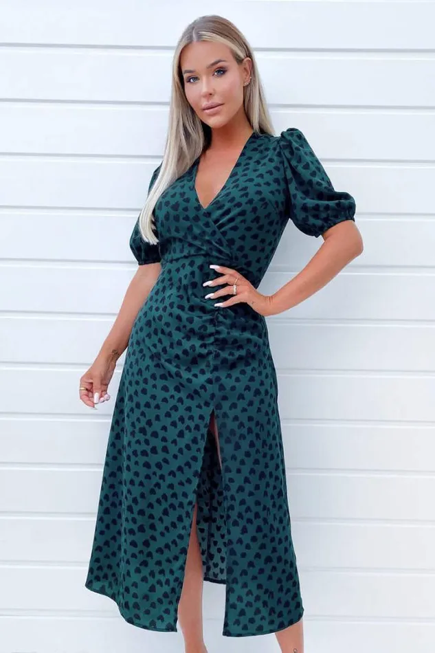 AX Paris Wedding Guest Dresses Teal Heart Printed Ruched Side Midi Dress