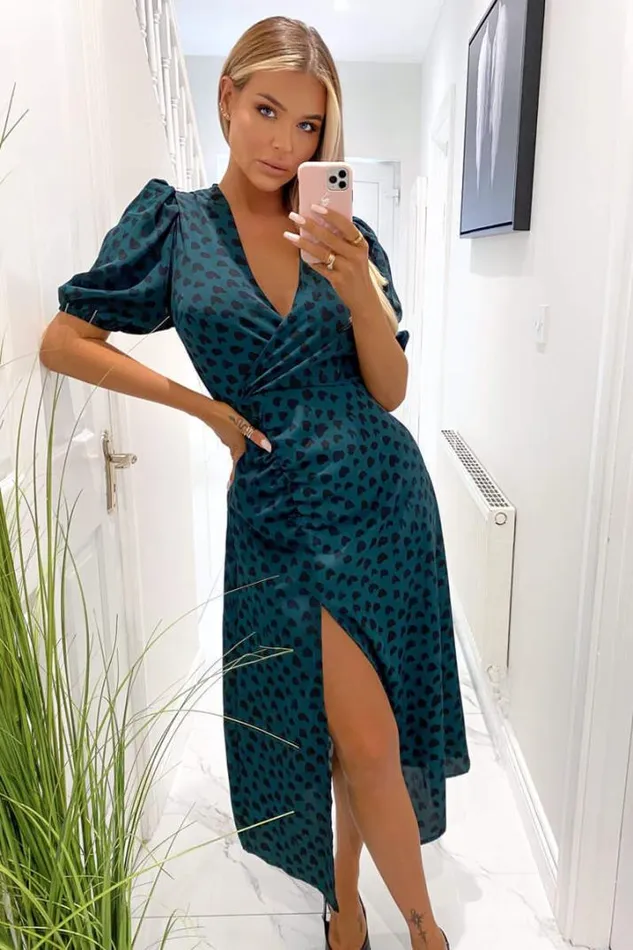 AX Paris Wedding Guest Dresses Teal Heart Printed Ruched Side Midi Dress