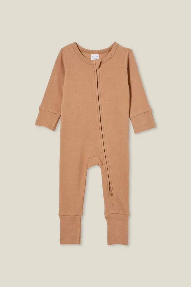 Baby Rompers and Bubbysuits Cotton On The Billie Long Sleeve Rib Romper Taupy Brown