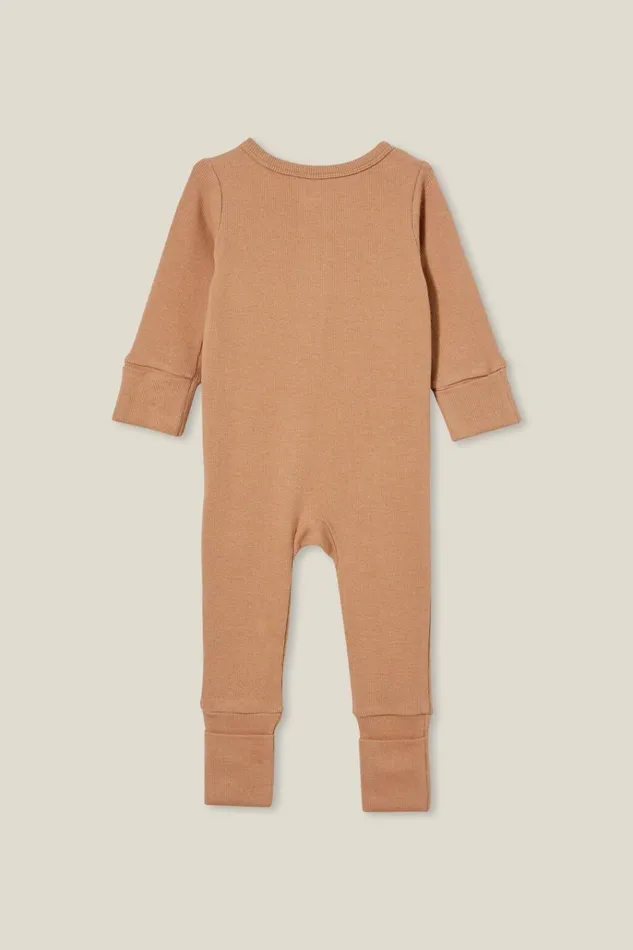Baby Rompers and Bubbysuits Cotton On The Billie Long Sleeve Rib Romper Taupy Brown Baby Rompers and Bubbysuits Cotton On The Billie Long Sleeve Rib Romper Taupy Brown
