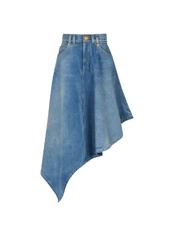 Balmain Denim Women Pleated Asymmetric Denim Skirt Blue